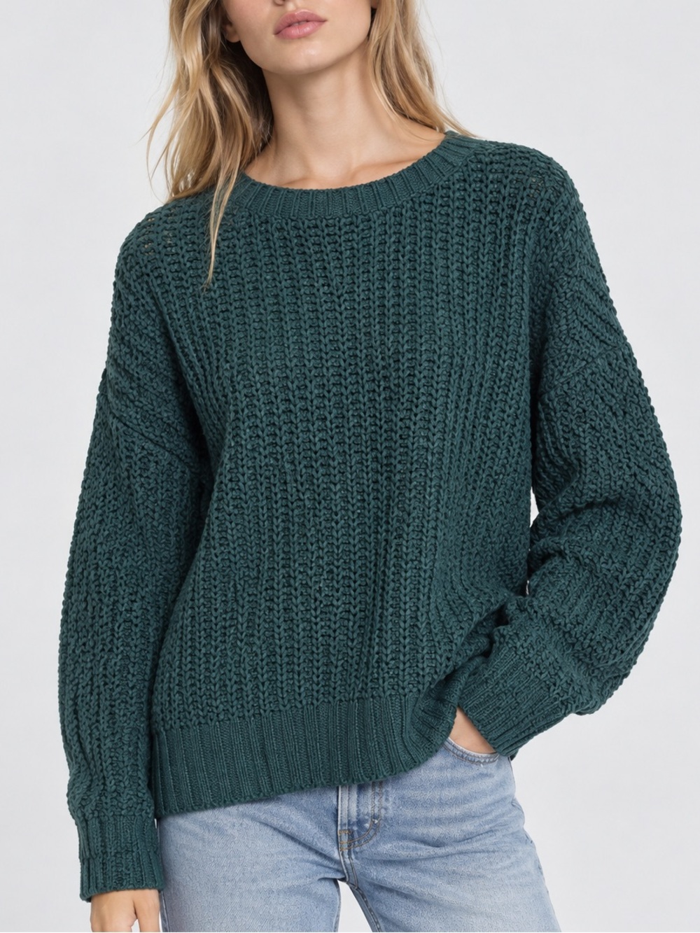 American Eagle Forest Green Chunky Knit Crewneck Sweater Oversized Cozy Pullover